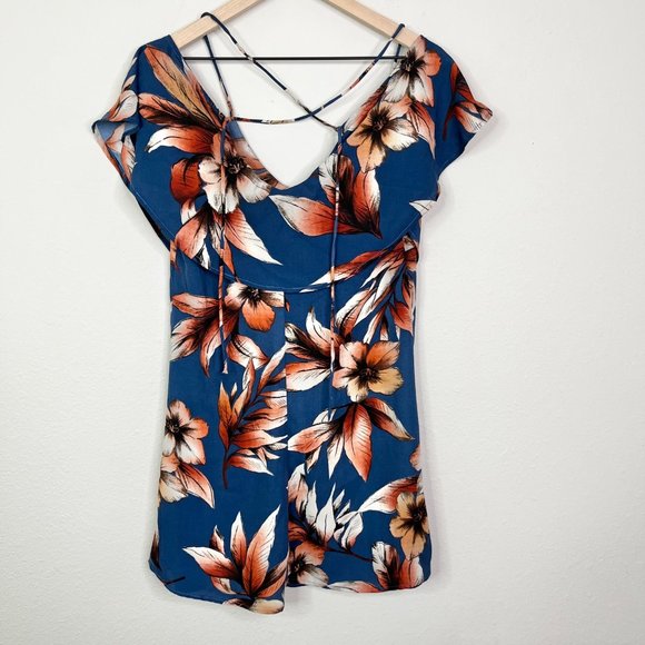 Illa Illa Blue Orange Floral Dress Spaghetti Strap Cross Back Size Small - Picture 2 of 9